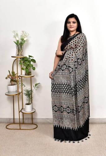 Image of SATIKA VASTRAM Modal Silk Ajrakh Saree Bandhani Design Crepe Printed Designer Pallu Attach Blouse Piece