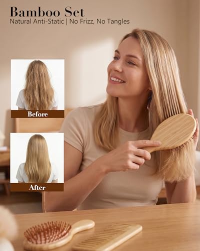Cepillos de bambú para el cabello seco, set de peines desenredantes y de masaje. 4
