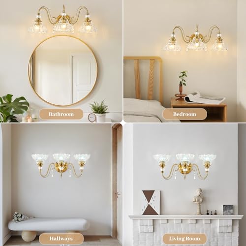 Image of Vintage Bathroom Vanity Light, 3-Light Brushed Gold Finish Wall Sconce with Hanging Crystal Accents and Flower-Shaped Clear Glass Shades, Retro Wall Mount Vanity Light Over Mirror for Bathroom
