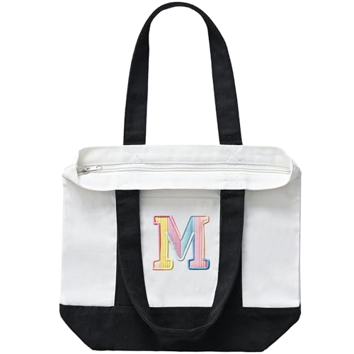TAOZIM 1Pack Mini Canvas Tote Bag with Pockets, 12oz Cotton Small Tote Bag with Zipper Reusable Grocery Shopping Bags Small Canvas Tote Bags for DIY, Advertising, Decorating Craft (Black/White)