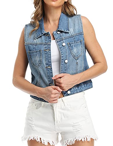 Womens Denim Jean Vest Classic Cropped Distressed Spread Collar Sleeveless Jean Jacket2