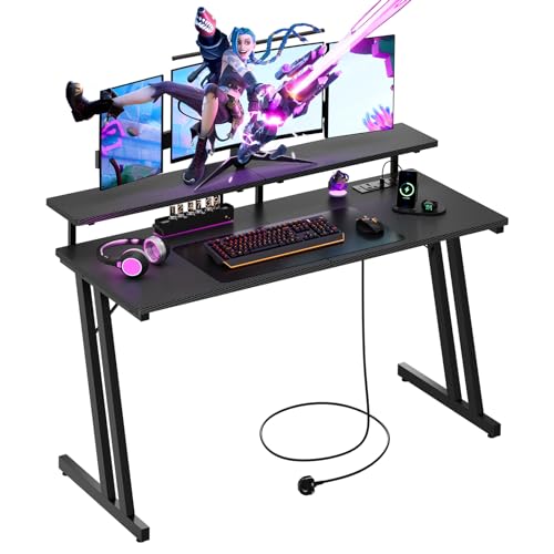 Dripex Gaming Table, 120 x 48 cm, Z-shaped Gaming Desk with Power Outlet, 2 Sockets, 2 USB and Monitor Stand, Black Carbon Fibre Surface Gaming Desk with Mouse Pad, Ergonomic Computer Desk