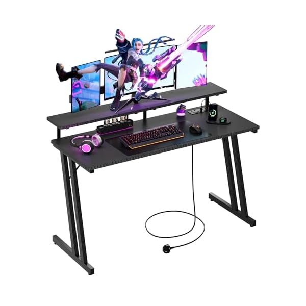 Dripex Gaming Table, 120 x 48 cm, Z-shaped Gaming Desk with Power Outlet, 2 Sockets, 2 USB and Monitor Stand, Black Carbon Fibre Surface Gaming Desk with Mouse Pad, Ergonomic Computer Desk