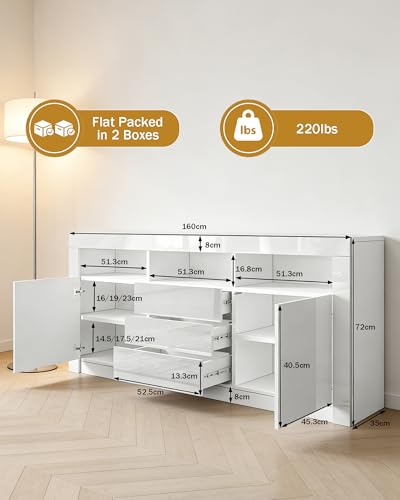Bestwanted Modern White Gloss Sideboard, 2 Doors 3 Drawers, Led Lights, Large, Home Office, Living Room, Kitchen - 2