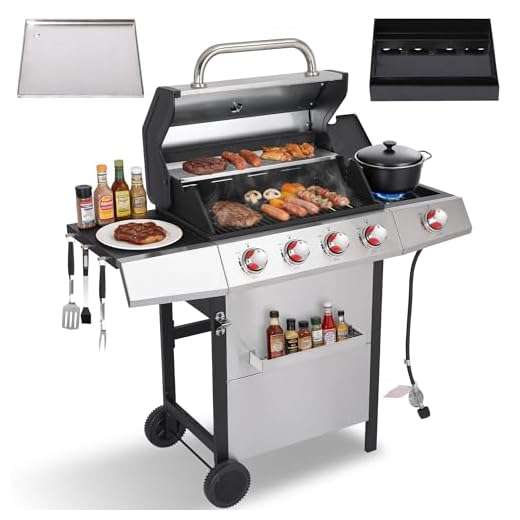 LMNOCHM Gas and Charcoal Grill Combo with Side Burner, 4-Burner Propane Grill and Griddle Combo with Porcelain-Enameled Cast Iron Grates & Double-Wall Insulated Lid, 49,000 BTU Outdoor BBQ Grill
