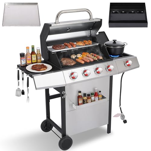 LMNOCHM Gas and Charcoal Grill Combo with Side Burner 4-Burner Propane Grill and Griddle Combo with Porcelain-Enameled Cast Iron Grates & Double-Wall Insulated Lid 49 000 BTU Outdoor BBQ Grill