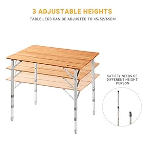KingCamp Tavolo Pieghevole in Bamboo Regolabile in Altezza Tavolino Pieghevole Tavolino da Esterno Interno Portatile Salvaspazio Tavolo Campeggio Arrotolabile Balcone Giardino Picnic 100x65x45/52/65cm - immagine 4