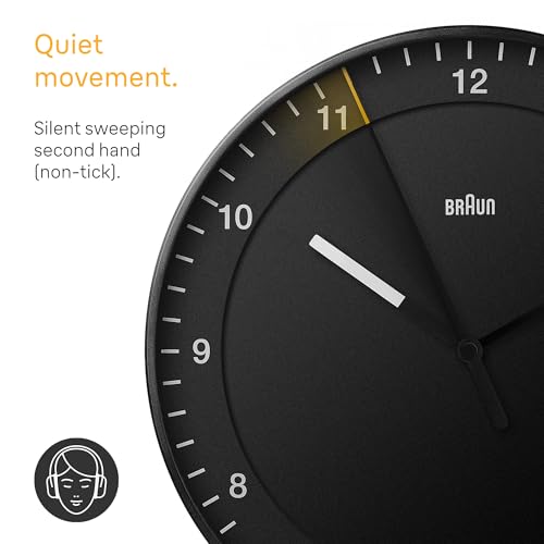 Image of Braun Classic Large Glass Analogue Wall Clock with Silent Sweep Movement, Easy to Read, 30cm Diameter in Black, Model BC17B.