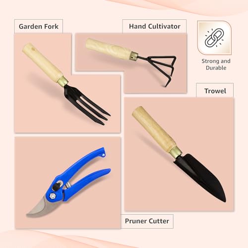 Image of 4 Piece Gardening Tool Set | Hand Cultivator, Trowel, Garden Fork, Pruner with Wooden Handle