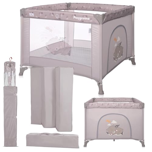 Lorelli Baby Laufstall Playground, kleiner Laufgitter 100x100 cm, Absperrgitter mit atmungsaktivem Netz, Schutzgitter mit Reißverschlusstür, faltbarer Krabbelgitter, beige