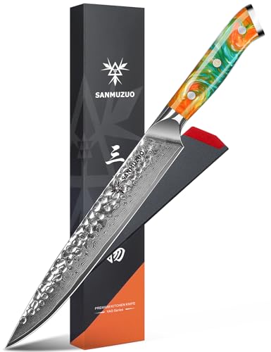 SANMUZUO Couteaux à jambon, Couteau Poisson de Cuisine - lame martelée en acier Damas de 23cm et manche en résine - Série Yao