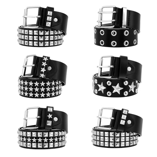 simarro 6 Pcs Black Studded Belts Y2K Belt, 44 inches Long Studded Rivet Double Grommet Belt Set Star Gothic Punk Rock Goth Punk Style Accessories for Men Women