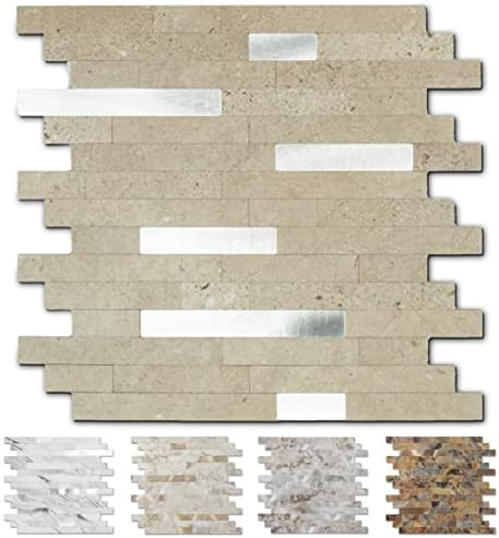 Yipscazo Peel and Stick Stone Metal Wall Tiles, Stick on Tiles for Backsplash Kitchen, Bathroom, Laundry Room, Camper, Fireplace (12'' X 12'', 5 Sheets in Perisa)