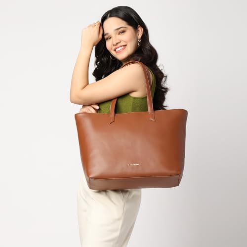 Image of Fastrack Core Tote Laptop Bag For Women | Tan Faux Leather Bag | Fits Upto 15 inch Laptop | Ladies Handbag with Zipper Closure & Utility Pockets