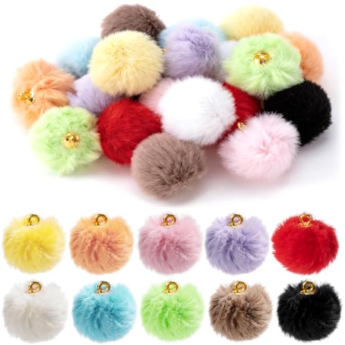 Winsyison 20pcs Pom Poms Keychain Charms Fluffy Faux Fur Pompom Charms Ball Soft Puff Ball Pendants Accessories for Keychains DIY Crafts Earrings Bracelets Jewelry Making- 10 Colors