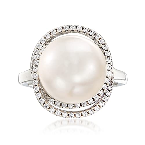 Ross-Simons Italian 12mm Cultured Pearl and .78 ct. t.w. CZ Ring in Sterling Silver. Size 9