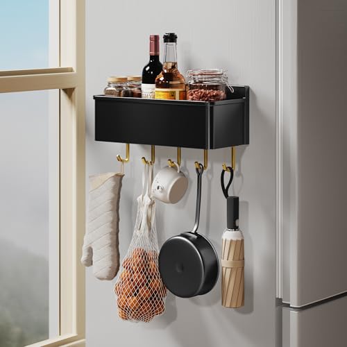 Image of Magnetic Spice Rack for Refrigerator Large Magnet Shelf for Fridge Kitchen Organizer and Storage with 5 Removable Golden Hooks