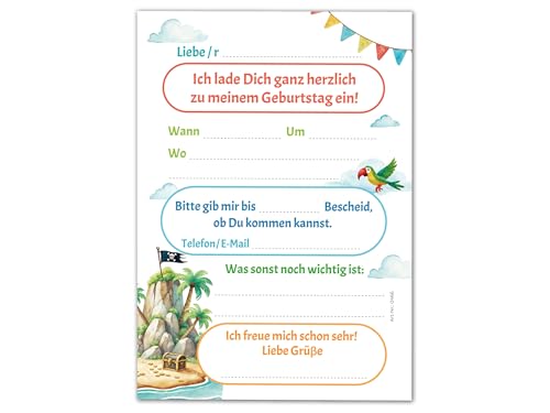 Junaversum 12 Einladungskarten zum 5. Kindergeburtstag Pirat Mädchen Jungen Kinder coole bunte Einladungen fünfte Geburtstag Geburtstagseinladungen Kids