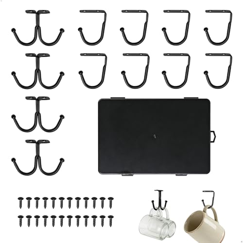 luopeidian Colgador Tazas, Ganchos Tazas, Cuelga Taza 12 Piezas Metal Negro Mate Antioxidante, Doble Tornillo para Armario Estante Pared Bar, Cuelga Taza Cocina con Caja Organizadora para Utensilios