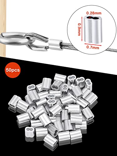 TooTaci 20 Stück Drehseilklemmen 2mm, 50 Stück Aluminium-Crimpschlaufe, 20 Stück Drahtseil Kauschen 2mm Edelstahl für 2mm Drahtseil,Stahlseil,Edelstahlseil,Spanndraht