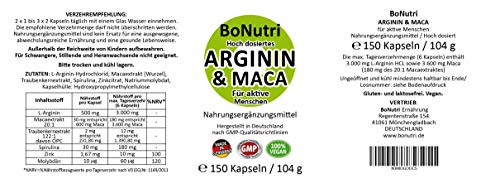 L-Arginin BoNutri Maca 3600 mg und Arginin 3000 mg, 150 Kapseln