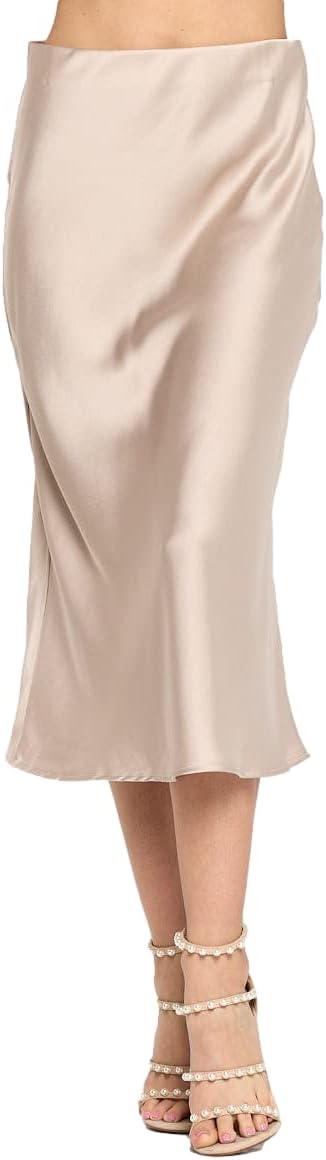 Women Solid High Waist Silky Casual Elastic Satin Midi Skirt -Made in USA (Availabl...