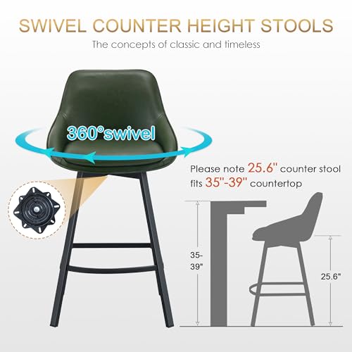 Image of Zesthouse Swivel Counter Height Stools Set of 2, Modern Upholstered Barstools with Backs, 26'' Faux Leather High Chairs for Island Kitchen, Counter Height Chairs with Metal Legs, Green