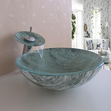 Juego de lavabo de cristal con cascada grifo sobre encimera con desagüe