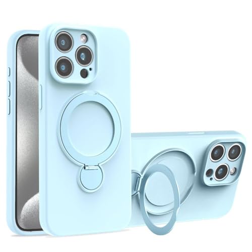 Coque en silicone liquide pour iPhone 14 bleu avec anneau magnétique et support de charge