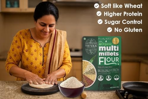 Image of TRIVAA ORGANICS Multi Millet Atta | Blend of Ragi, Jowar, Bajra, Foxtail, Little & Kodo Millet | Gluten-Free | Sugar Control | Low GI | Freshly Milled After Order | No Preservatives | Non GMO | High Protein | High-Fiber & Diabetic-Friendly | 500x10 (Pack of 10)
