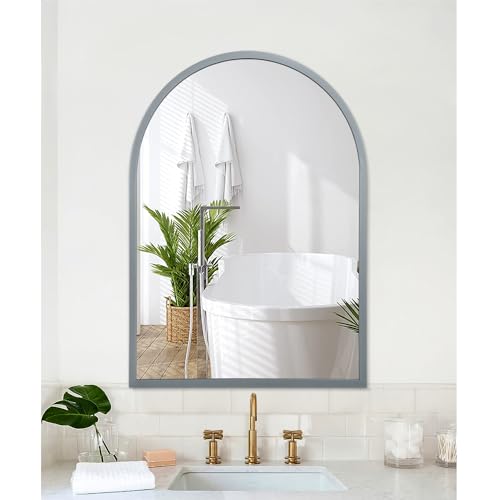 Image of Arch Wall Mirror Bathroom Mirror Metal Framed Mirrors, Arched Wall Mounted Vanity Mirror for Bedroom Entryway Living Room 26 inchx18 inch Gray