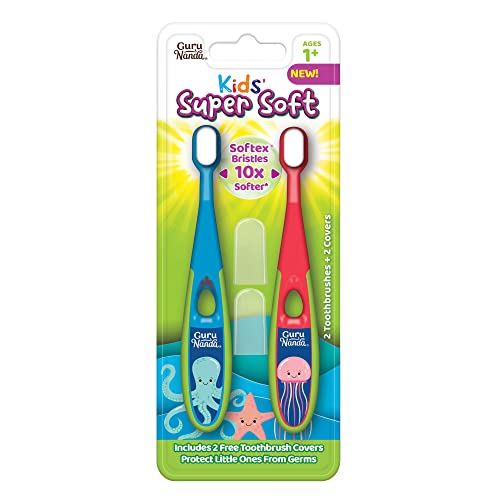 Gurunanda Toddler Toothbrush, Extra Soft Bristle Kids Toothbrush For Gentle Gum Care, Ages 2+, 2 Pack, Multi-Color #TOP29