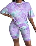 Ekouaer Women 2 Piece Lounge Sets Moisture Wicking Summer Outfits 2026 Oversized T-Shirt and Biker Short Matching Sets Purple Tie-Dye Large