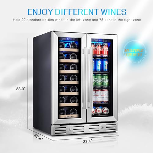 Image of Kalamera Wine and Beverage Refrigerator, 24 inch Wine Fridge Dual Zone Hold 20 Bottles and 78 Cans, Digital Touch Control, Built-In or Freestanding