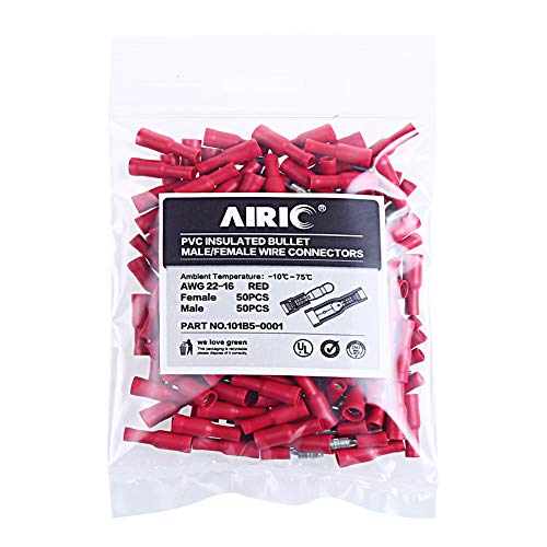 Airic Bullet Connectors Male/Female Kits 100Pcs 22-16Awg Wire Connectors Red Pvc Insulated Copper Core Quick Splice Bullet Butt Terminals #TOP6
