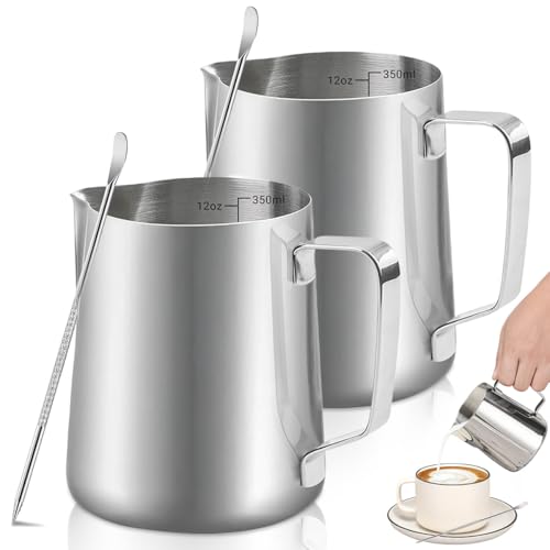 Listado de Jarritas para la leche los preferidos por los clientes. 41 SYNMORE 2 Pzas Jarras para Espumar Leche de Acero Inoxidable, 350ml/12oz Taza de Leche al Vapor con Línea de Escala Interior y 2 Agujas para Arte Latte/Barista