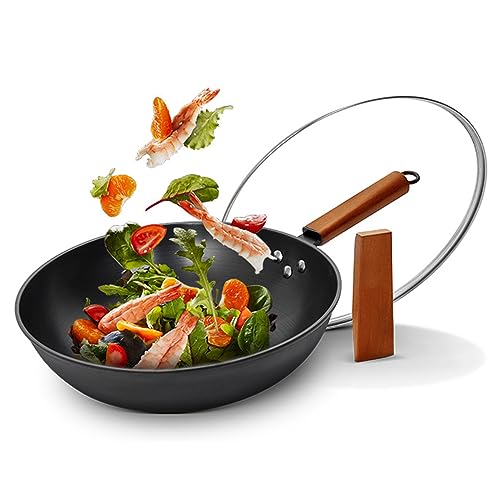 HMWOKPOT 32cm Traditional Chinese Iron Wok Pan, Woks and Stir Fry Pans with Flat Bottom Cookware for All Stoves