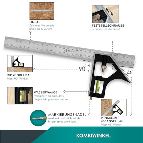 Zimmermannswinkel 12-IN-1 - Komplettes Set mit Anschlagwinkel (Set of 2) - Schreinerwinkel Metall 185mm + Schmiege Anreißwerkzeug 300mm - Winkel Holzbearbeitungswerkzeug - Mit Winkelmesser