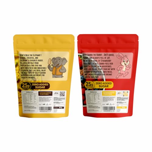 Image of GrowFitz 25g High Protein Oats 800 Gram, Pack of 2 | Kulfi & Strawberry Flavor Combo Breakfast Oatmeal | 17g High Fiber, Almonds, Raisin, Pumpkin, Chia Seeds, Super Rolled Oats | No Added Sugar