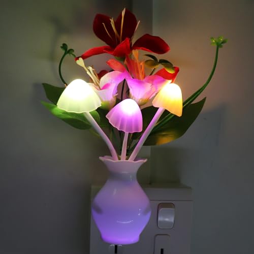 Image of AUSAYE 2 PCS Plug-in Night Light with Auto Light Sensor,RGB LED Mushroom Night Light Wall Red Lily Flower Lamp Energy Efficient Light for Adults Kids Nursery Room,Bedroom,Lounge,Hallway,Stairs