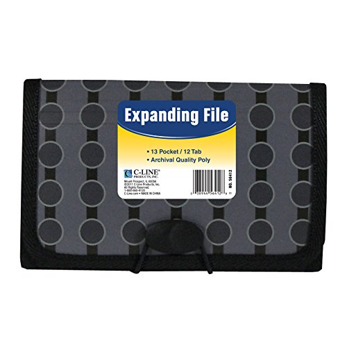 C-Line 13-Pocket Expanding File, Coupon Size, Includes Tabs, 1 File, Fashion Circle Series, Black/Gray (56412)