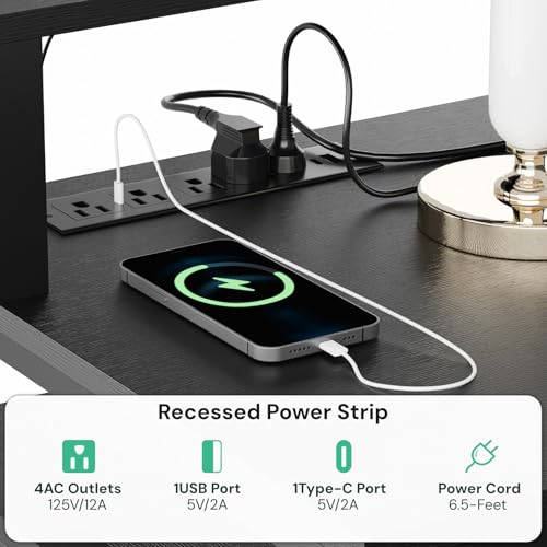 SunsGrove 65.7\" L Shaped Desk with Drawers, Corner Computer Gaming Desk with Power Outlet & LED Light, Office Desk with File Drawer, Monitor and CPU Stand, Black Wood Desk for Home Office