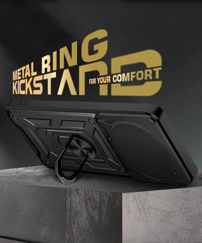 Image of WOW IMAGINE Tough Armor Bumper Mobile Back Case for Realme 13 5G | Realme 12 5G | 12X 5G | Narzo 70x 5G | C65 5G | N65 | Sliding Camera Shield Cover | Hybrid PC + TPU | Ring Holder with Stand - Black