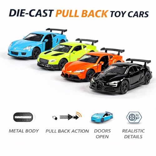Image of PLUSPOINT Diecast Metal Toy car Set Pack of 4 Pull Back Racers Alloy Die Cast Racing Cars for Kids High Speed Alloy Toy Car Play Set for Children Best Gifts Toys for Boys