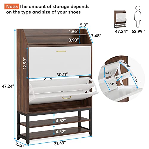 Little Tree Freestanding Organizer For Entryway Tipping Bucket Slim Shoe Storage Cabinet With 2 Flip Drawers, Brown&White #TOP2