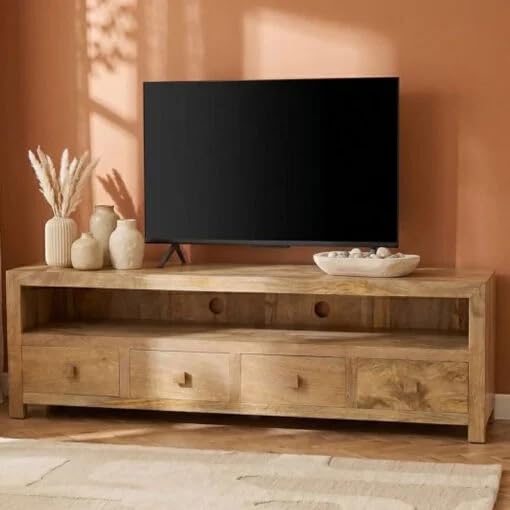 Levon Artson Solid Mango Wood TV Unit Extra Large Entertainment Center with 4 Drawers & Open Shelf Modern Rustic Wooden Media Console for Living Room Natural Finish-image-46