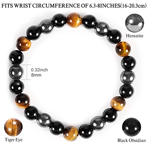 Denchy Triple Protection Bracelet, Tigers Eye - Black Obsidian and Hematite Beaded Bracelets for Men Women, Tourmaline Spiritual Natural Crystal Stone Luck Bracelet, Birthday Mother's Day Gift2