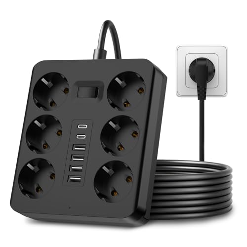 Multiprise 12 Prises avec 2 Port USB C,4 Port USB A (5V2,4A) Parasurtenseur Parafoudre et Surtension avec Interrupteur Cordon 1,8m pour Smartphone Tablette- Noir (8AC+4U+2C)