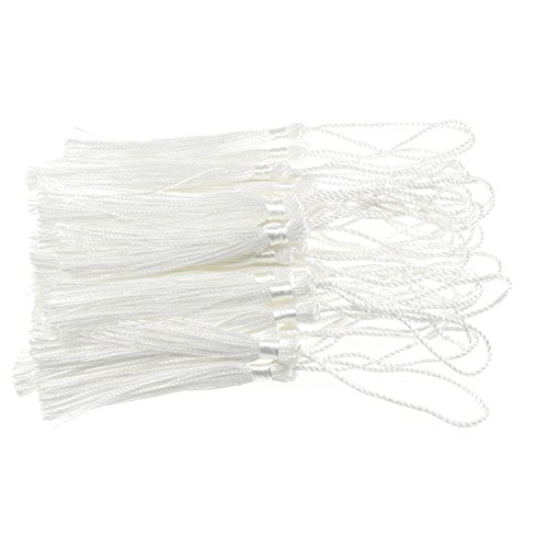 Image of VAPKER 100 Pieces White Tassels 13cm /5-Inch Silky Handmade Soft Tassels Floss Bookmark Tassels with 2-Inch Cord Loop for Jewelry Making, DIY Projects, Bookmarks