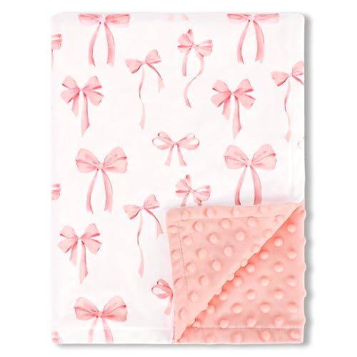 Image of Baby Blankets for Girls, Toddler Newborn Blanket Double Layer with Dotted Backing Crib Receiving Blanket for Toddler Nursery Bed Blanket, Pink Bow, 30x40 Inches